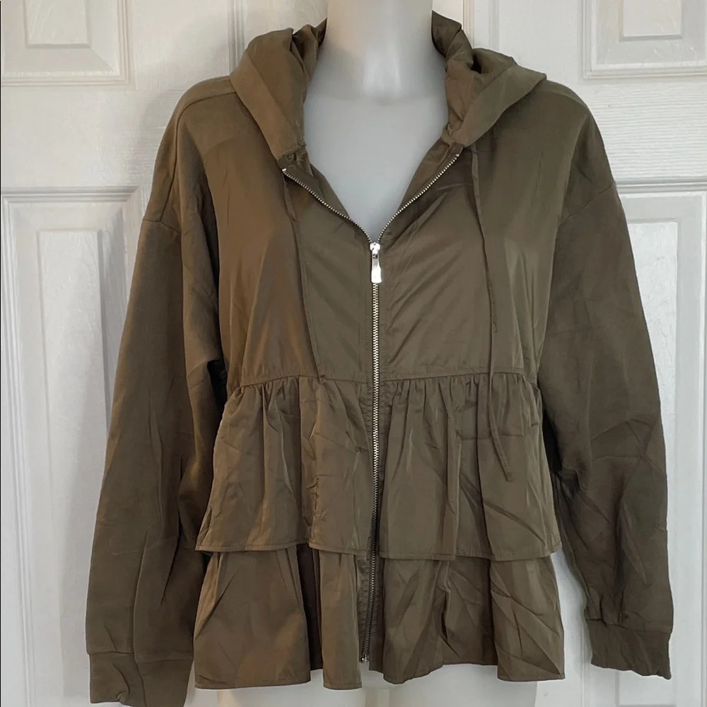 ZARA MIXED MEDIA FRONT ZIPPED OVERSIZED KHAKI HOODED JACKET WITH RUFFLES SZ M